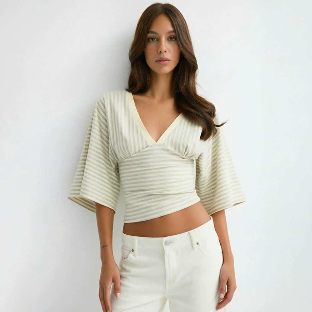 Zara Striped Crop Top with Wide Collar and Loose Sleeves